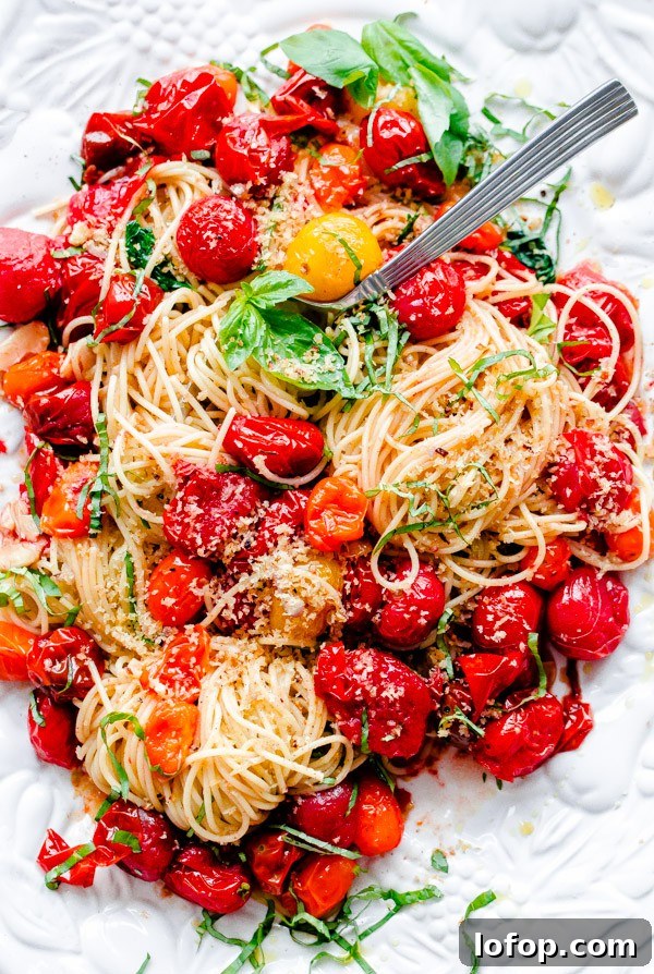 Spaghettini with Roasted Tomatoes, Fresh Basil, and Toasted Garlic Breadcrumbs