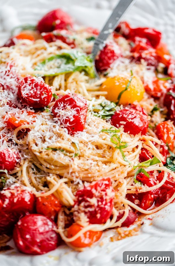 Spaghettini with Roasted Tomatoes, Fresh Basil, and Toasted Garlic Breadcrumbs