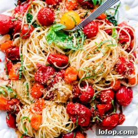 Spaghettini with Roasted Tomatoes, Basil, and Crispy Breadcrumbs