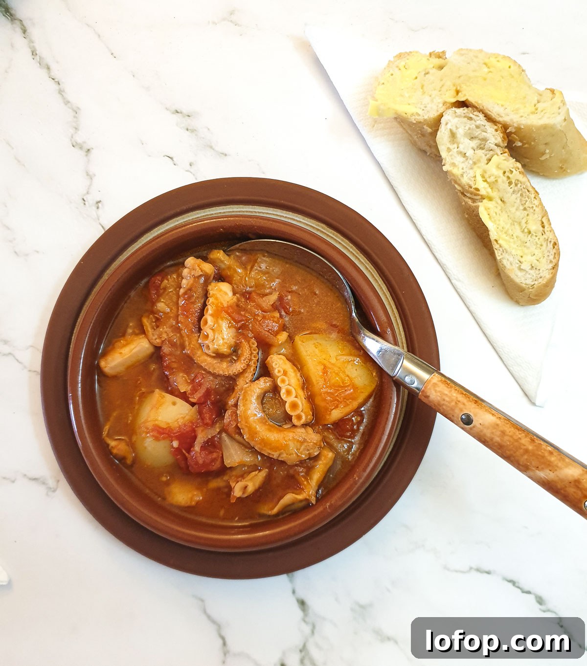 Overhead stot of octopus stew with 2 slices of crusty bread on a napkin.