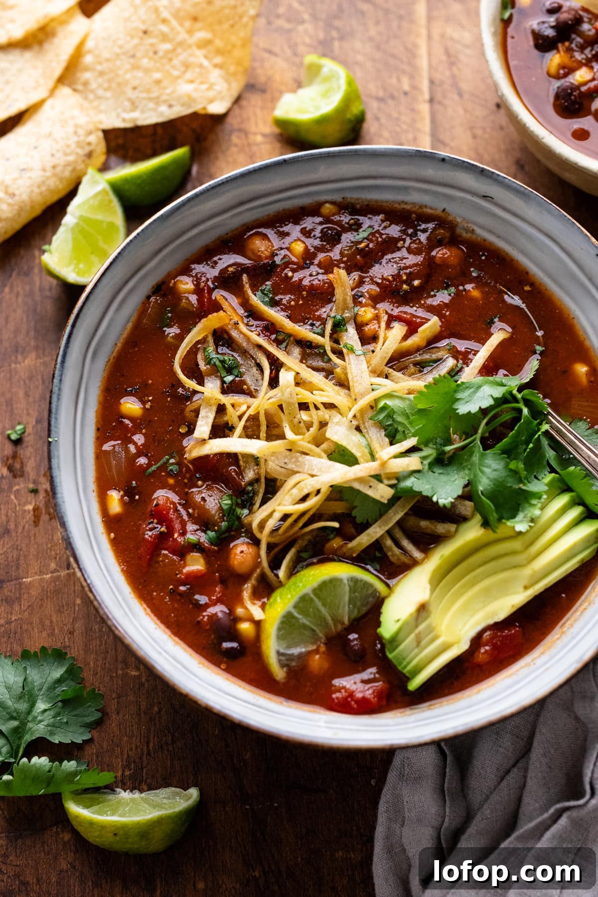 Hearty Vegetarian Black Bean Tortilla Soup Recipe 7 A bowl of vegetarian tortilla soup topped with tortilla strips and avocado slices. The bowl is sitting on a wooden background with lime slices, tortilla chips, and herbs arranged around it.