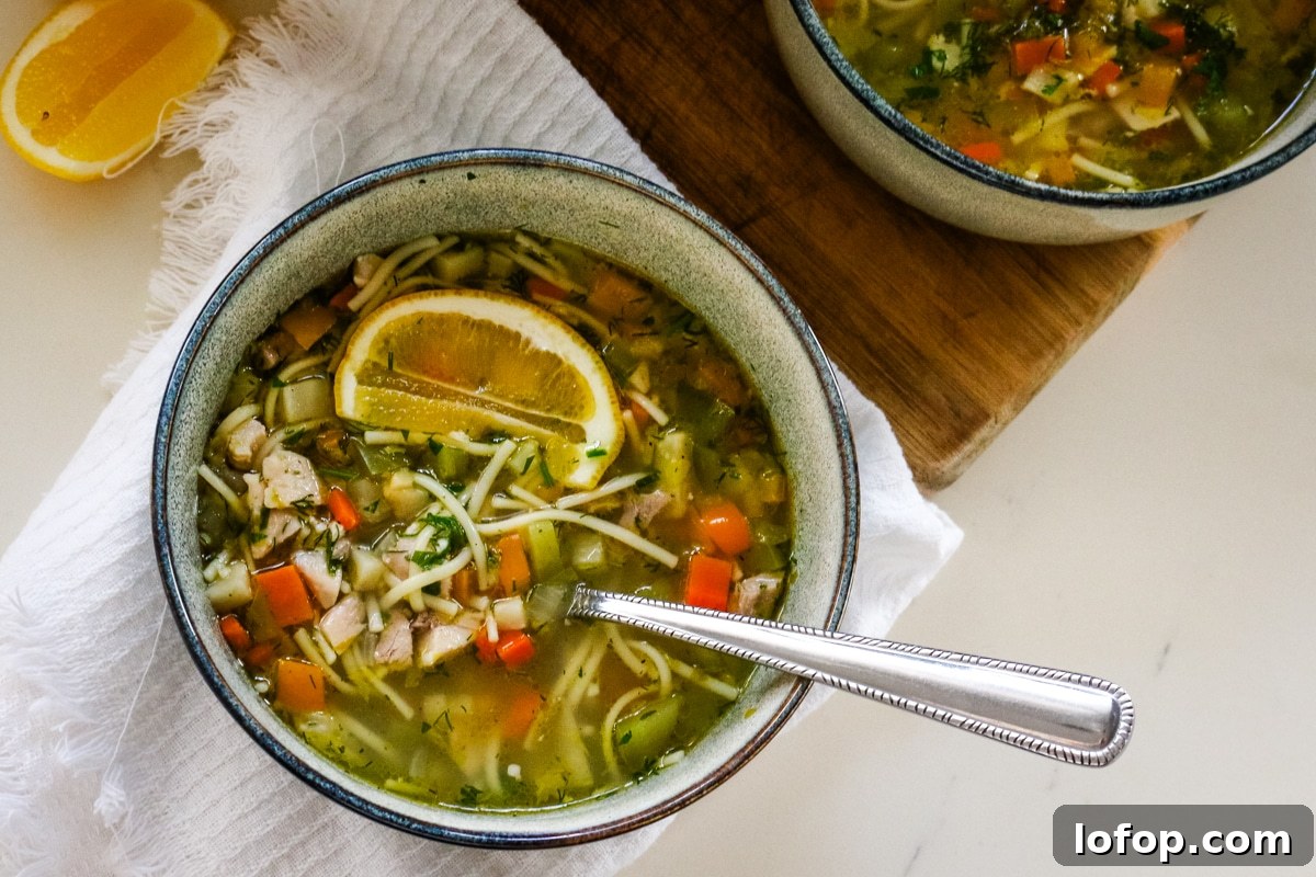 Romanian ciorbă soup served in a bowl with a spoon.