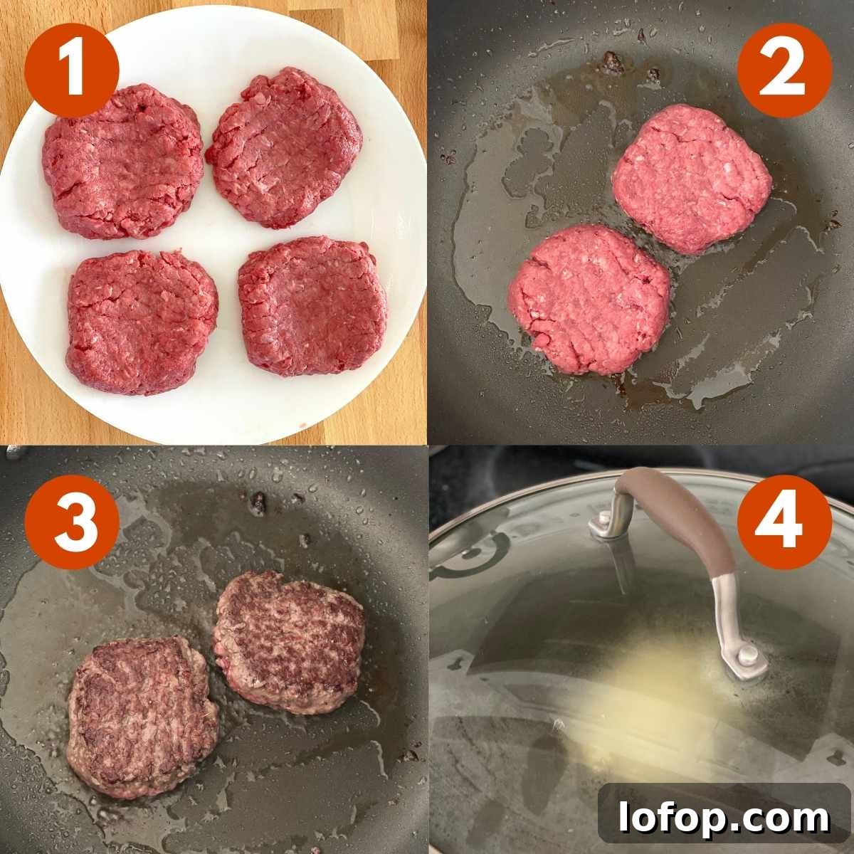 Numbered collage of pictures to make wagyu beef burgers: 1) Four raw burgers on a plate with indented centers, 2) two burgers in a skillet, 3) two browned burgers in a skillet, 4) cover over skillet with burgers that have a slice of cheese on top.