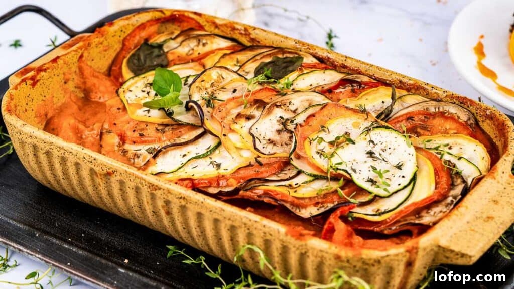 12 Flavor-Packed Meatless Dinners You’ll Love Tonight 2 A rectangular baking dish filled with neatly layered slices of zucchini, tomato, and eggplant, garnished with herbs.
