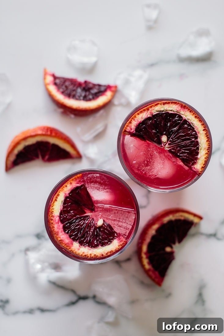 Winter Blood Orange Lemonade Recipe — Refreshing Citrus Drink 2 Blood orange lemonade with blood oranges slices and ice cubes.