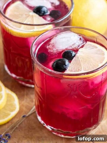 Two glasses of blueberry lavender lemonade