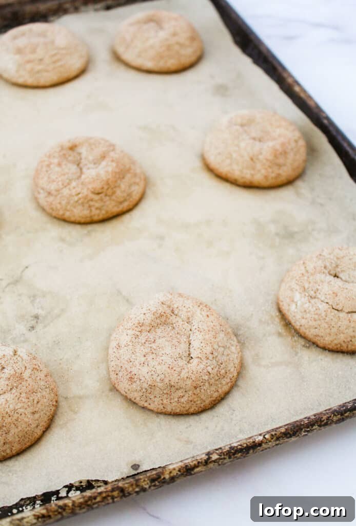 chewy snickerdoodles on baking sheet