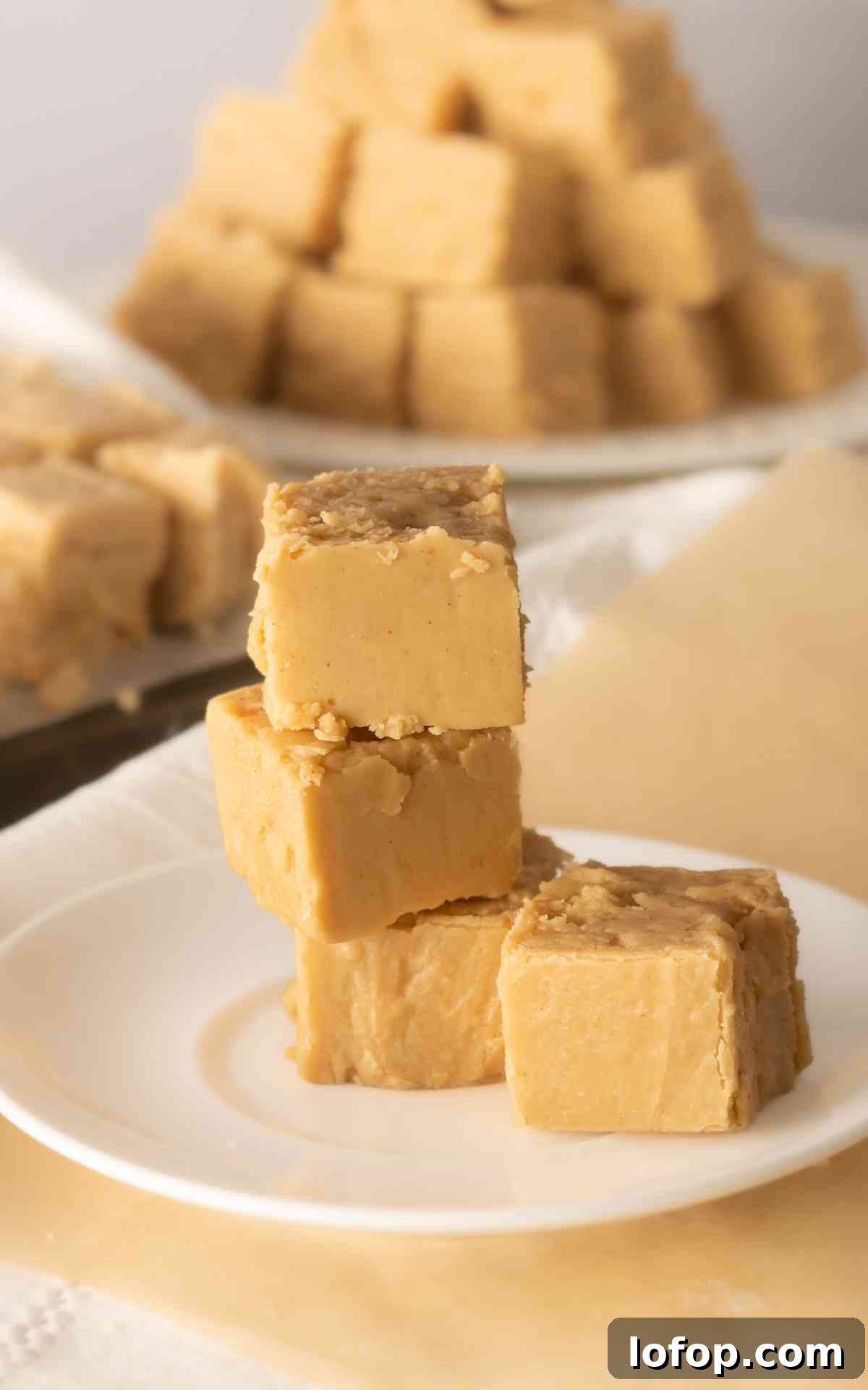 Creamy Peanut Butter Fudge Recipe for Rich Homemade Candy 6 A plate of four pieces of peanut butter fudge squares.