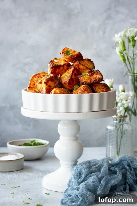 A pyramid of air fryer roast potatoes in a dish on a stand