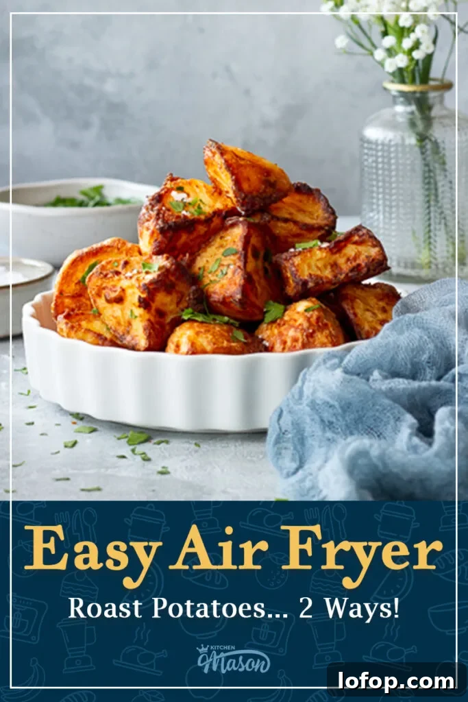 A white dish filled with air fryer roast potatoes scattered with chopped fresh parsley.