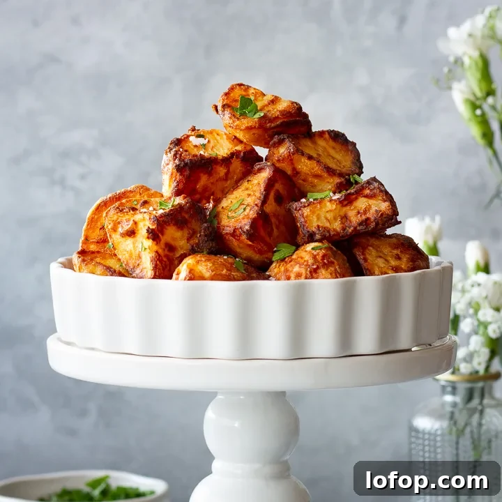 A pyramid of air fryer roast potatoes in a dish on a stand