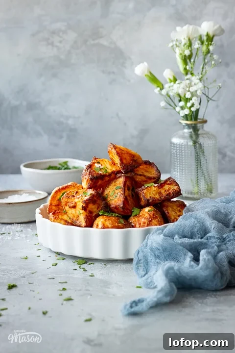A dish of air fryer roast potatoes with a napkin