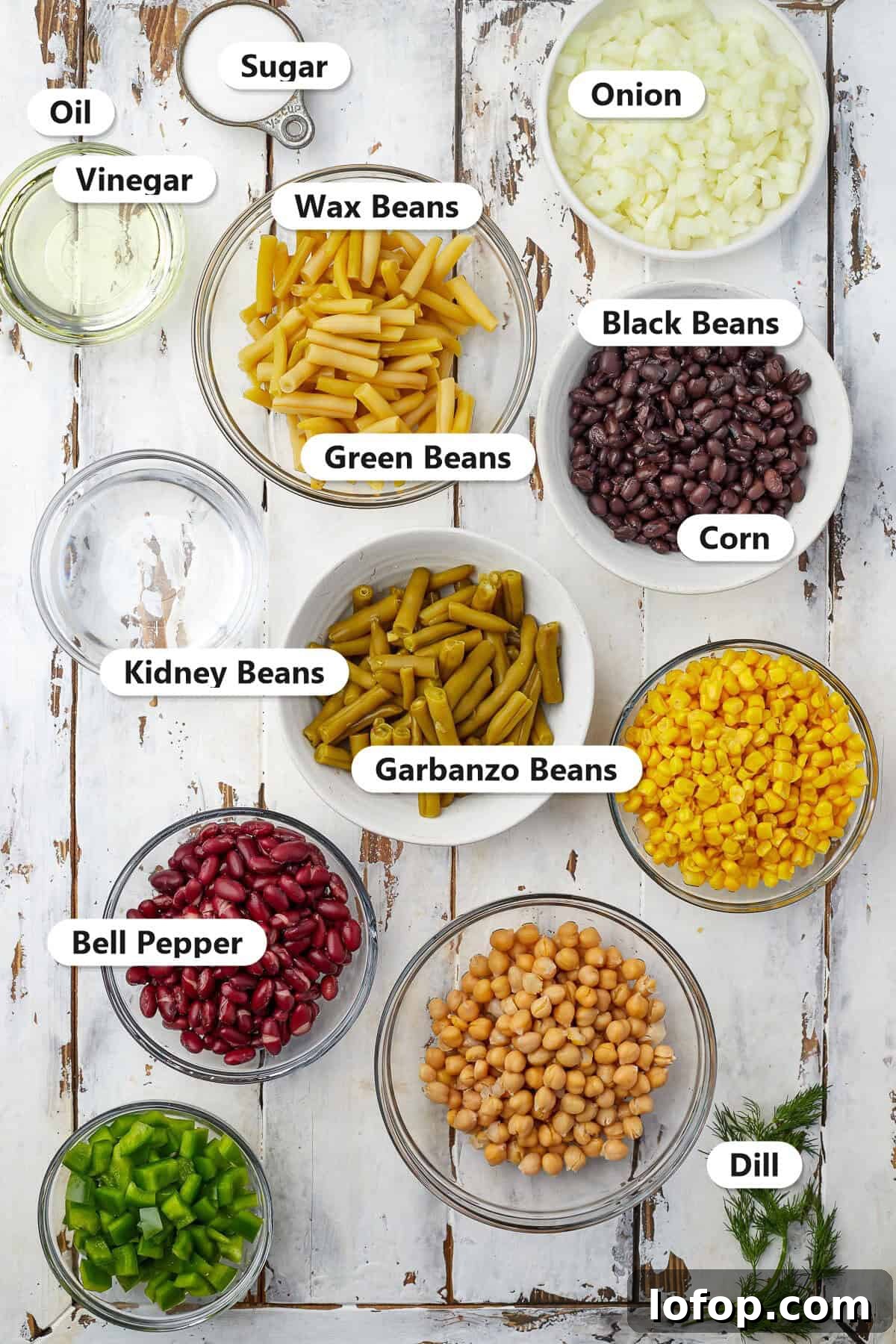Creamy Vinaigrette Five-Bean Salad Recipe 3 Labeled 5 bean salad ingredients including green beans, wax beans, kidney beans, black beans, garbanzo beans, corn, onion, bell pepper, dill, vinegar, oil, and sugar.