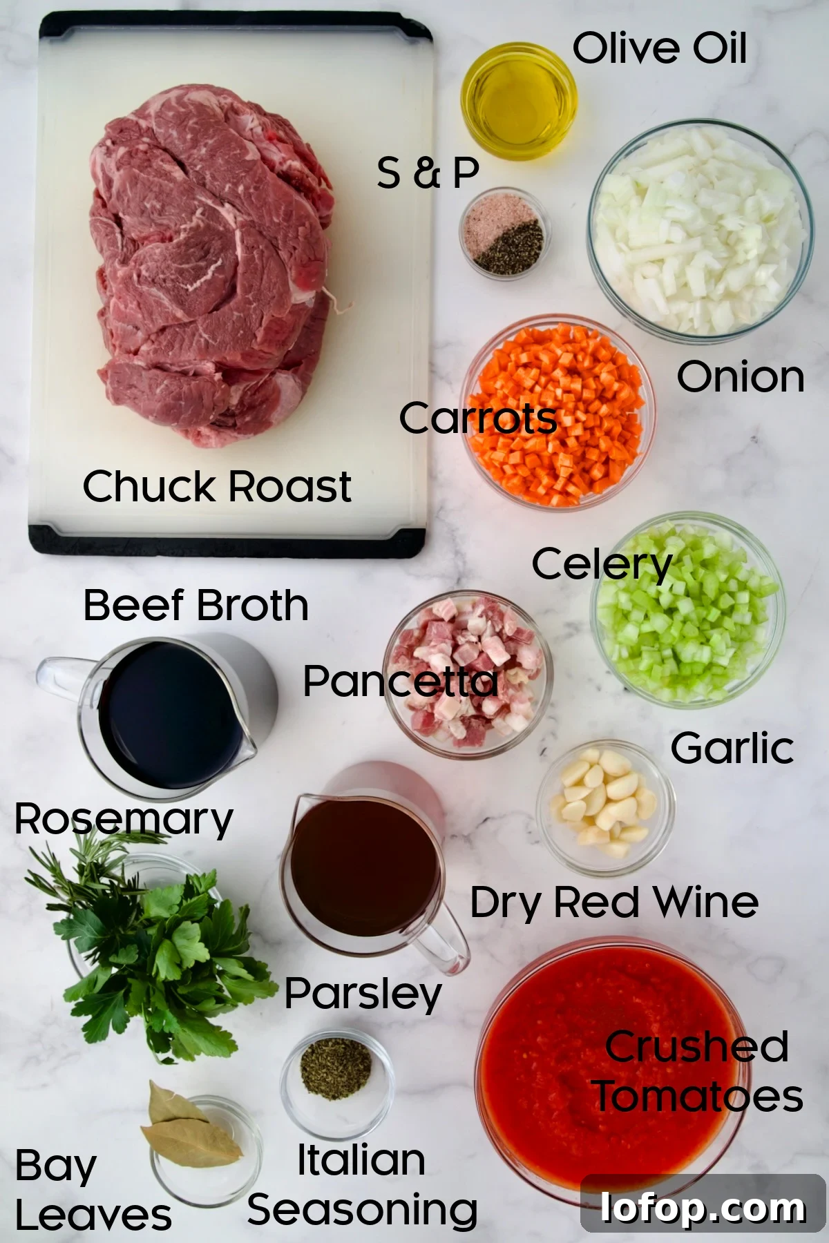 Authentic Stracotto: Italian Pot Roast Recipe for Slow-Cooked Beef 4 Ingredients for Italian Pot Roast (Stracotto) in glass bowls.