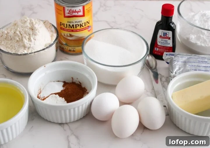Pumpkin, spices, eggs, vanilla, sugar, flour, cream cheese, butter, powdered sugar.