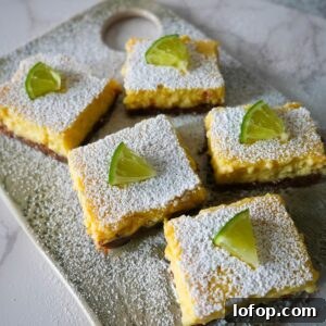 Zesty Key Lime Pie Bars Recipe — Tangy No-Bake Dessert 8 Key lime pie bars with limes on top.
