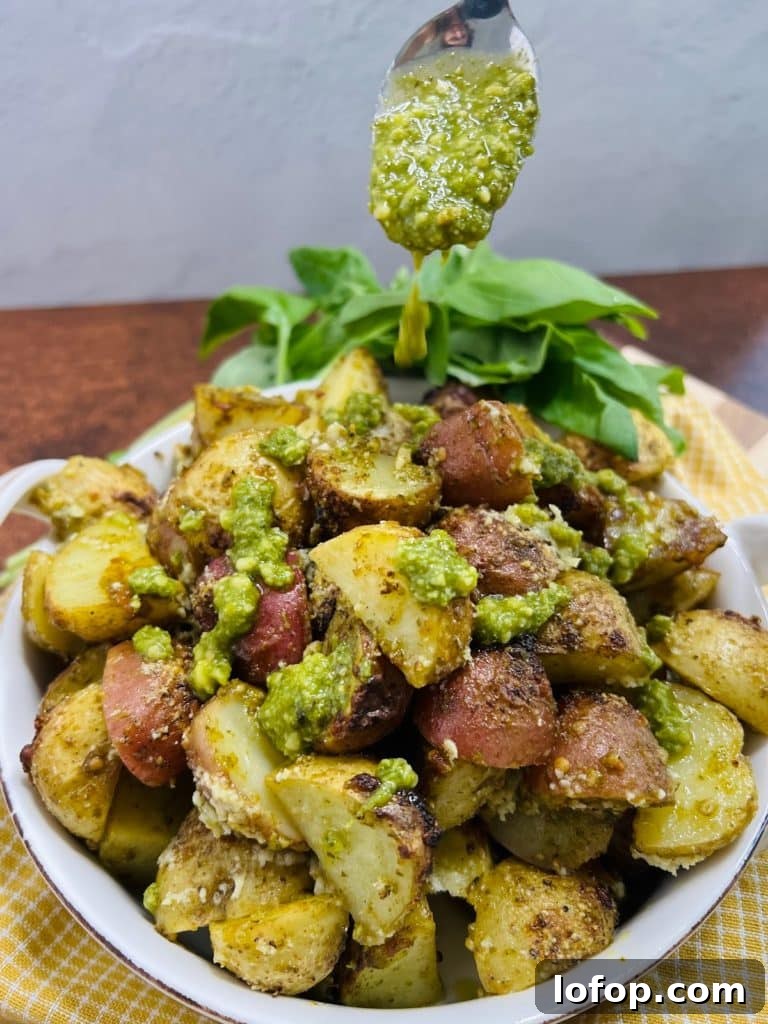Pesto Roasted Potatoes Styled Photo in Bowl.