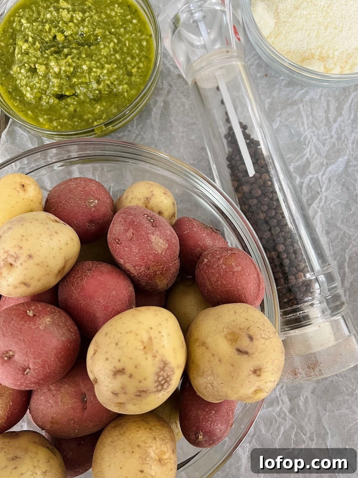 Ingredients for Pesto Roasted Potatoes.