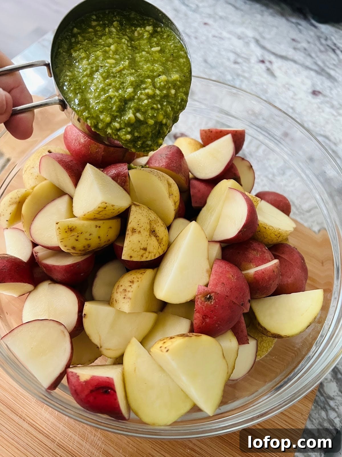 Pesto and Potatoes in Bowl.