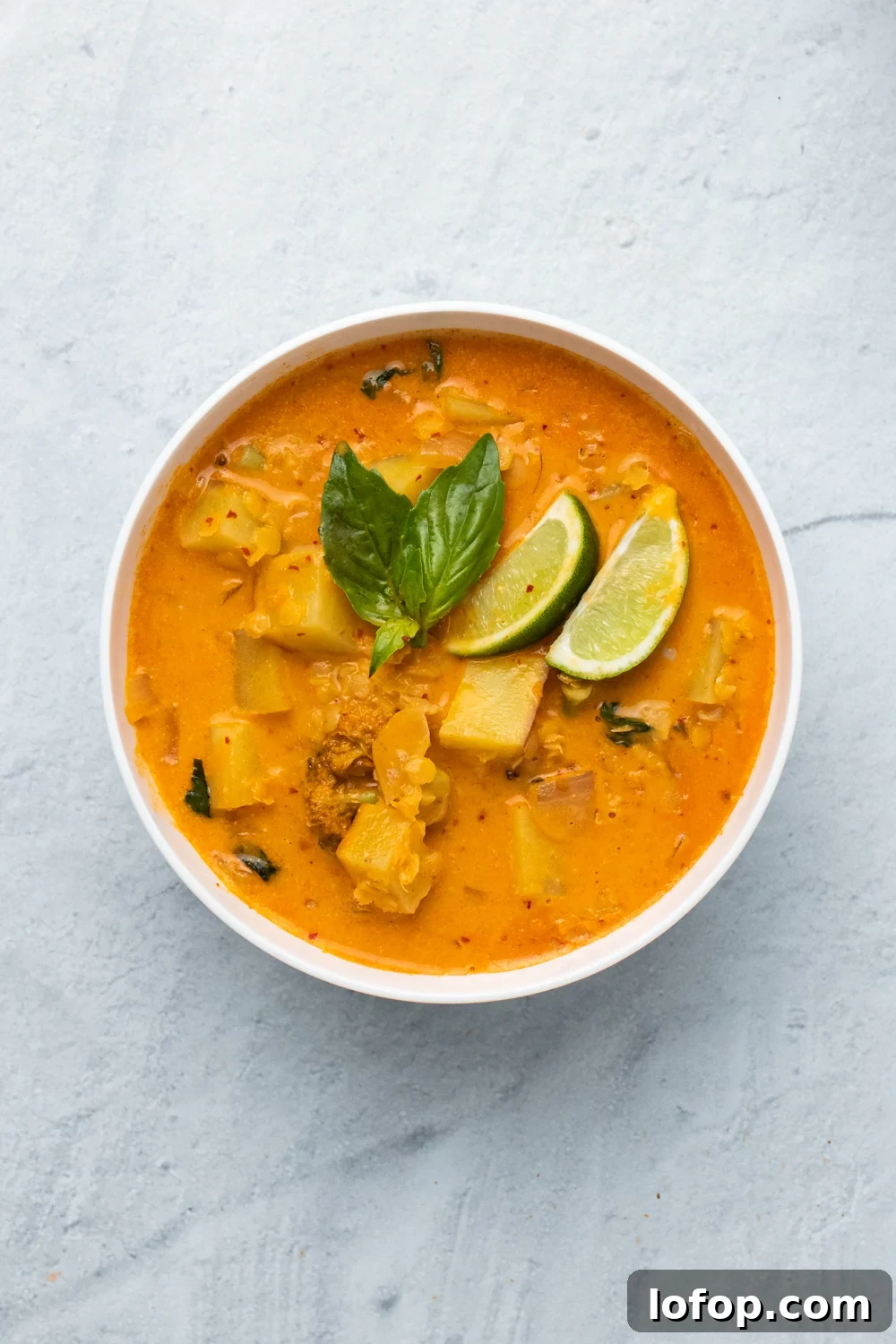 overhead shot of a creamy vegan red lentil sweet potato curry