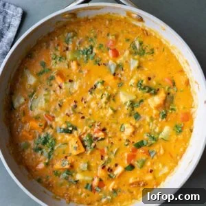 Thai red lentil sweet potato curry in the pan after cooking