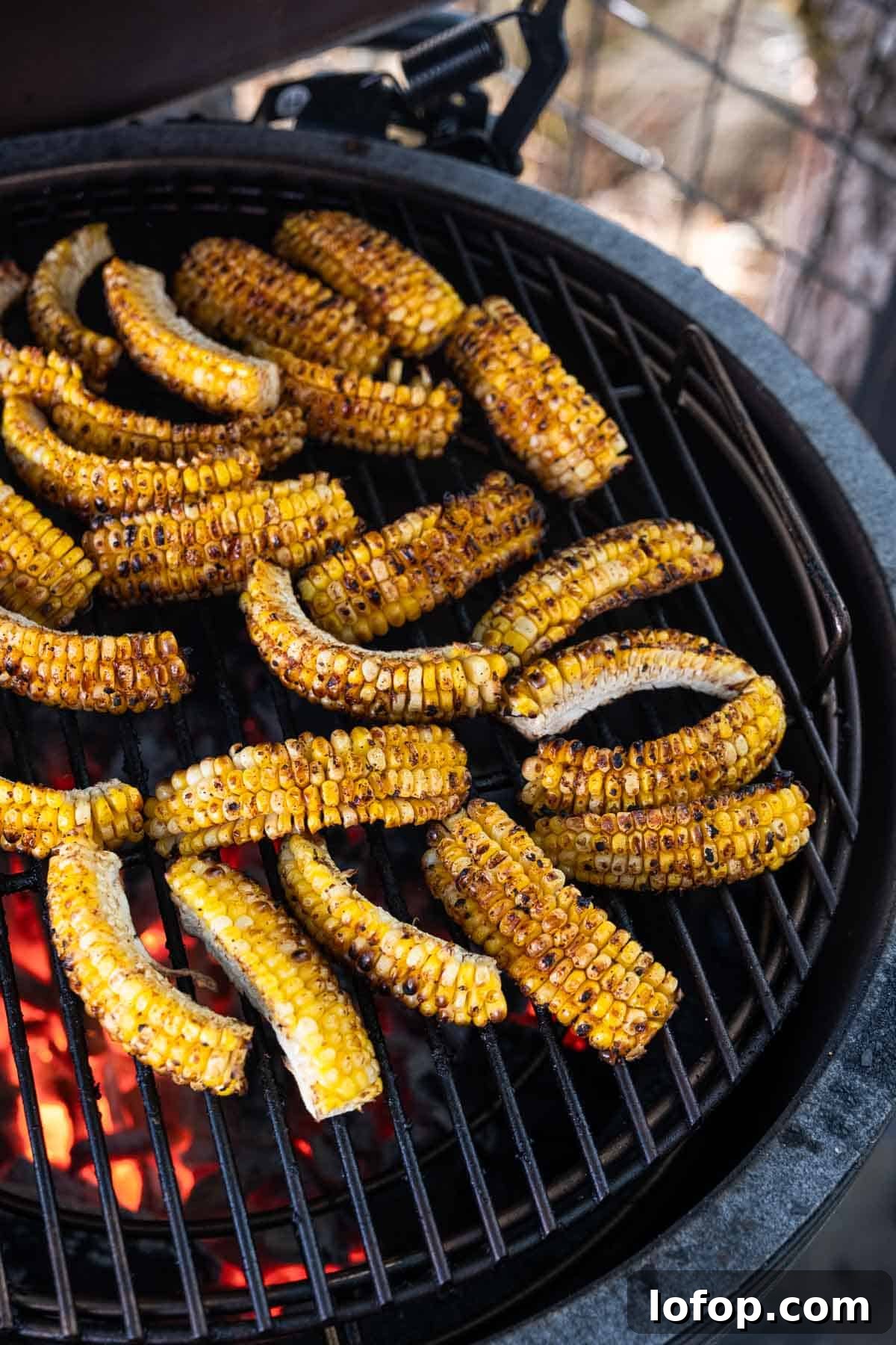 Grilled corn riblets flipped and finishing on a Big Green Egg.