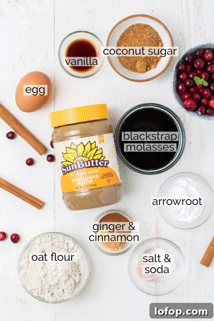The ingredients needed to make soft ginger cookies.