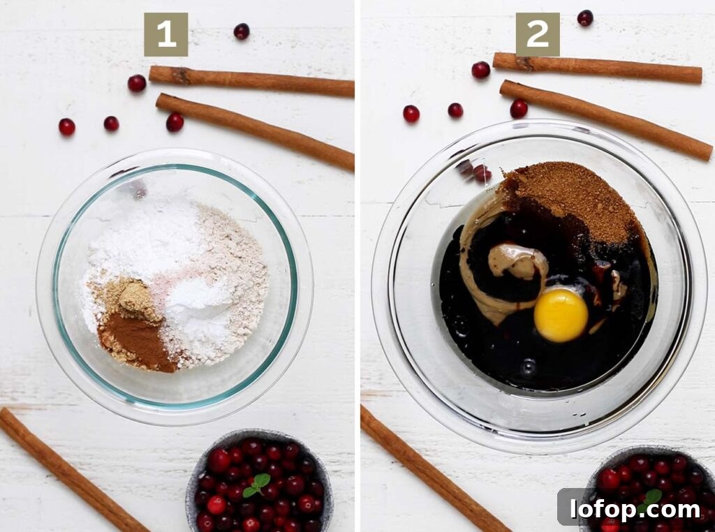 Step 1 shows mixing together the dry ingredients. Step 2 shows mixing together the wet ingredients.