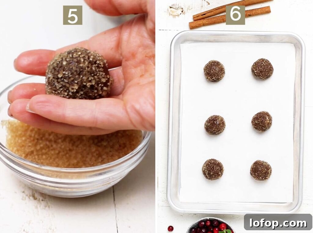 Step 5 shows rolling the dough balls in coarse sugar, and step 6 shows placing the cookies on a baking tray.