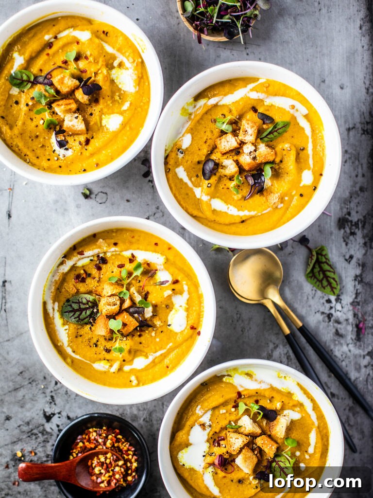 Four bowls of pumpkin cauliflower soup garnished with croutons, greens, and a cream drizzle.