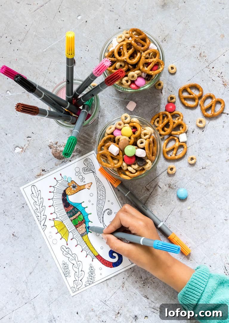 sweet and salt snack mix with a child colouring next to it