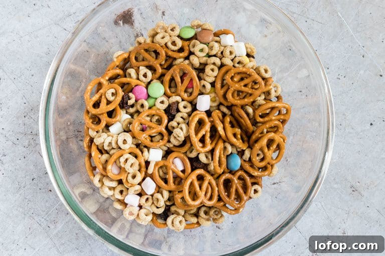 close up of a bowl of cheerios snack mix