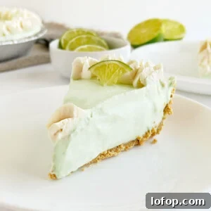 slice of no bake key lime pie with graham cracker crust on a plate