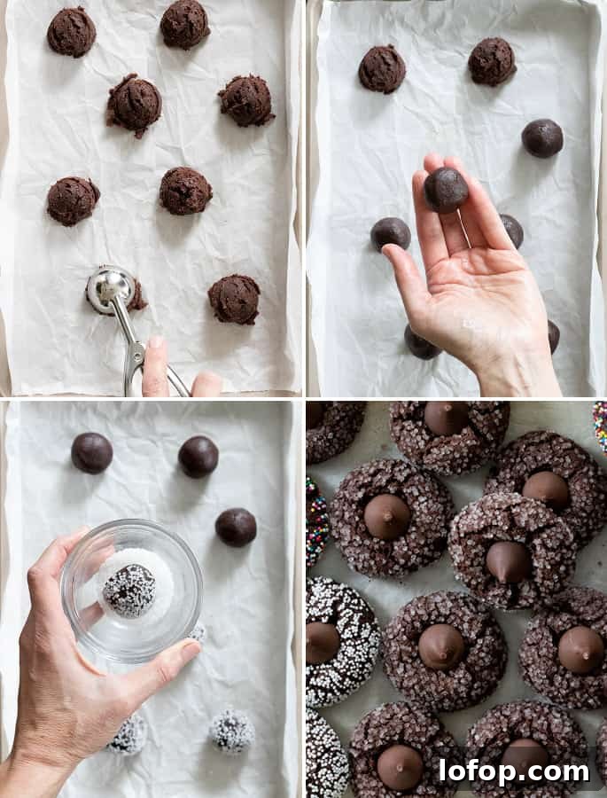 Gluten-Free Chocolate Kiss Cookies with Optional Peanut Butter 3 Image collage showing step by step how to make gluten free chocolate kiss cookies.
