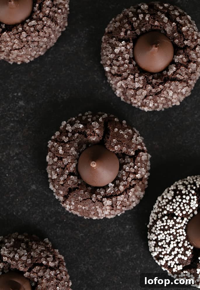 Gluten-Free Chocolate Kiss Cookies with Optional Peanut Butter 4 Overhead image of a few gluten free chocolate kiss cookies.