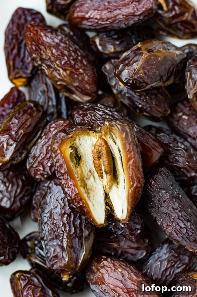 Bacon-Wrapped Stuffed Dates with Goat Cheese and Almonds 3 A bunch of dates with one opened and a seed in the middle of it.