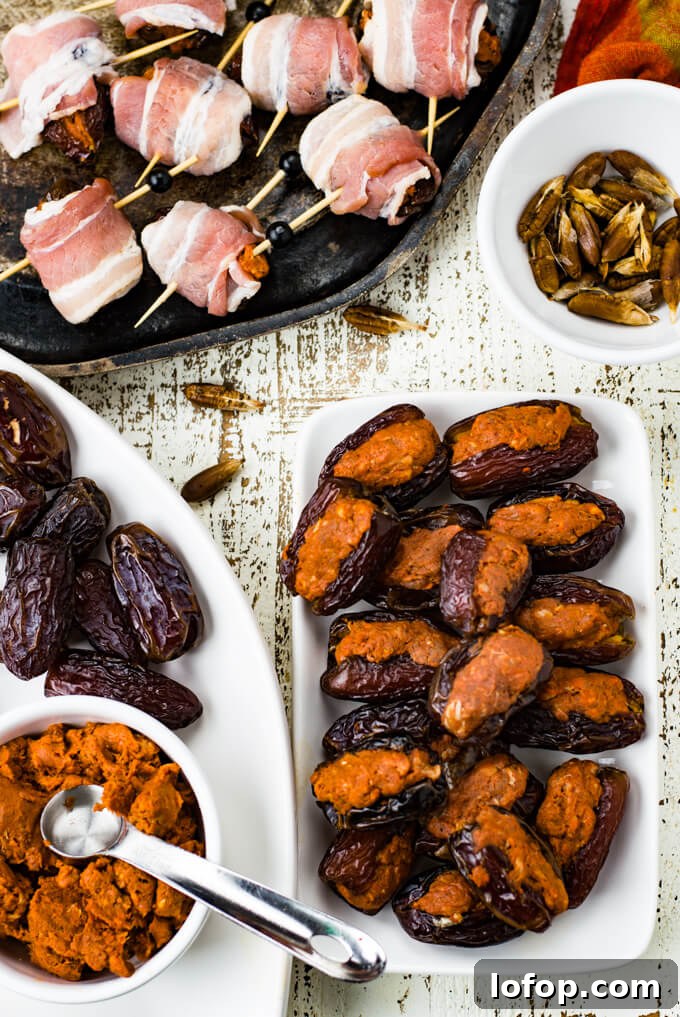 Bacon-Wrapped Stuffed Dates with Goat Cheese and Almonds 4 A white plate holding dates stuffed with uncooked chorizo. A small bowl holds the seeds. Whole dates and a bowl of chorizo sits next to it. Bacon wrapped dates sit in the corner of the photo.