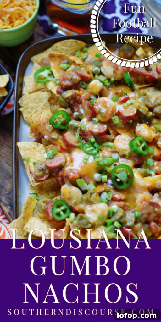 The ultimate in game day nachos, Louisiana Gumbo Nachos are what real football food is all about!  These nachos are made with crisp tortilla chips smothered in a shrimp and sausage gumbo toppping, melted colby jack cheese and jalapeno slices.
