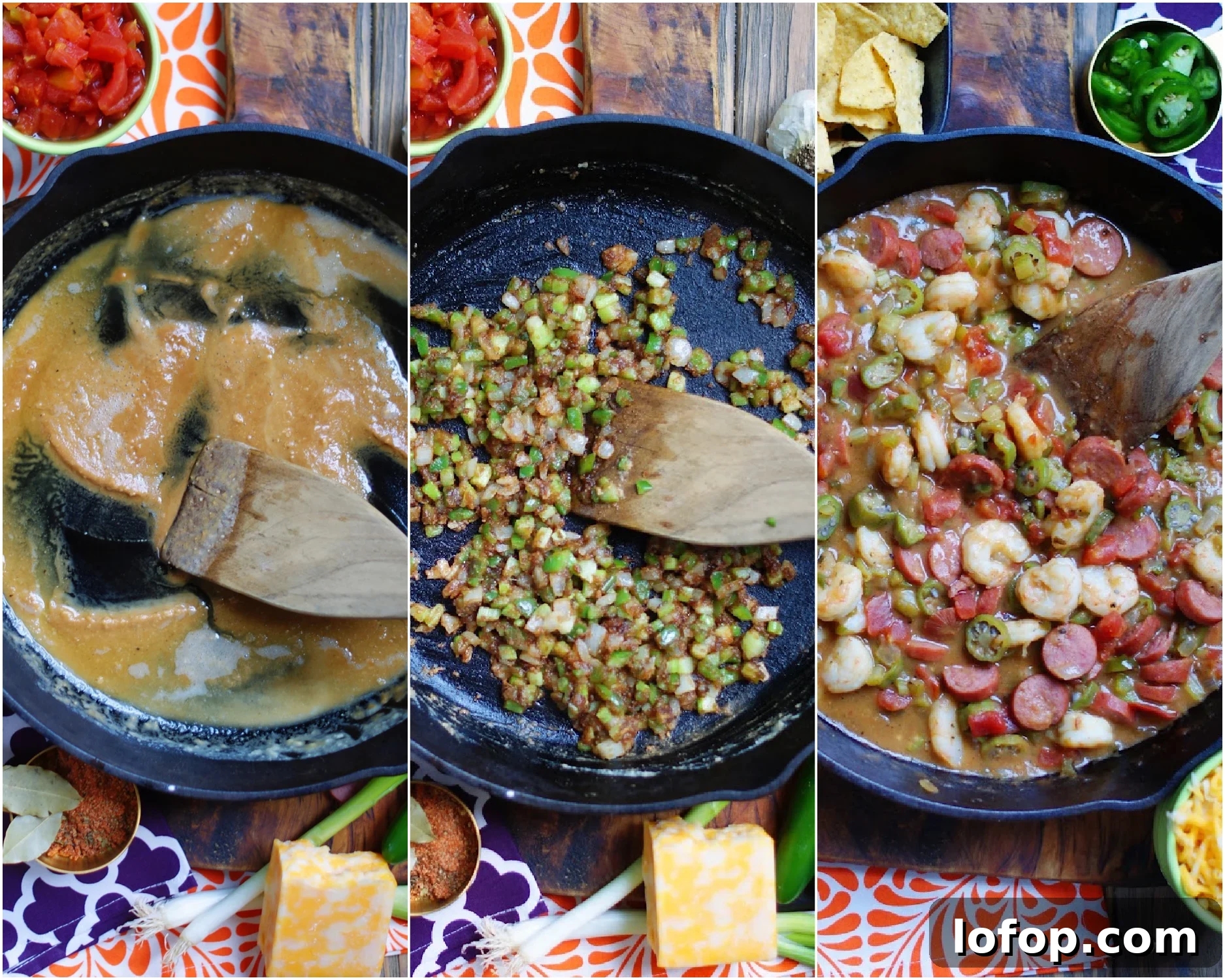 How to make a roux, add vegetables, then finish gumbo with sausage and shrimp.