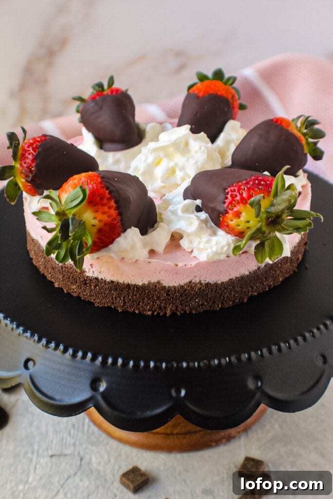 No-Bake Chocolate Strawberry Cheesecake Recipe for Summer 2 chocolate strawberry no-bake cheesecake on cake stand topped with whipped cream and strawberries