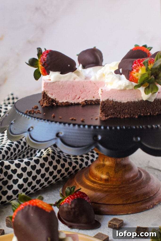 No-Bake Chocolate Strawberry Cheesecake Recipe for Summer 3 chocolate strawberry no-bake cheesecake on cake stand topped with whipped cream and strawberries