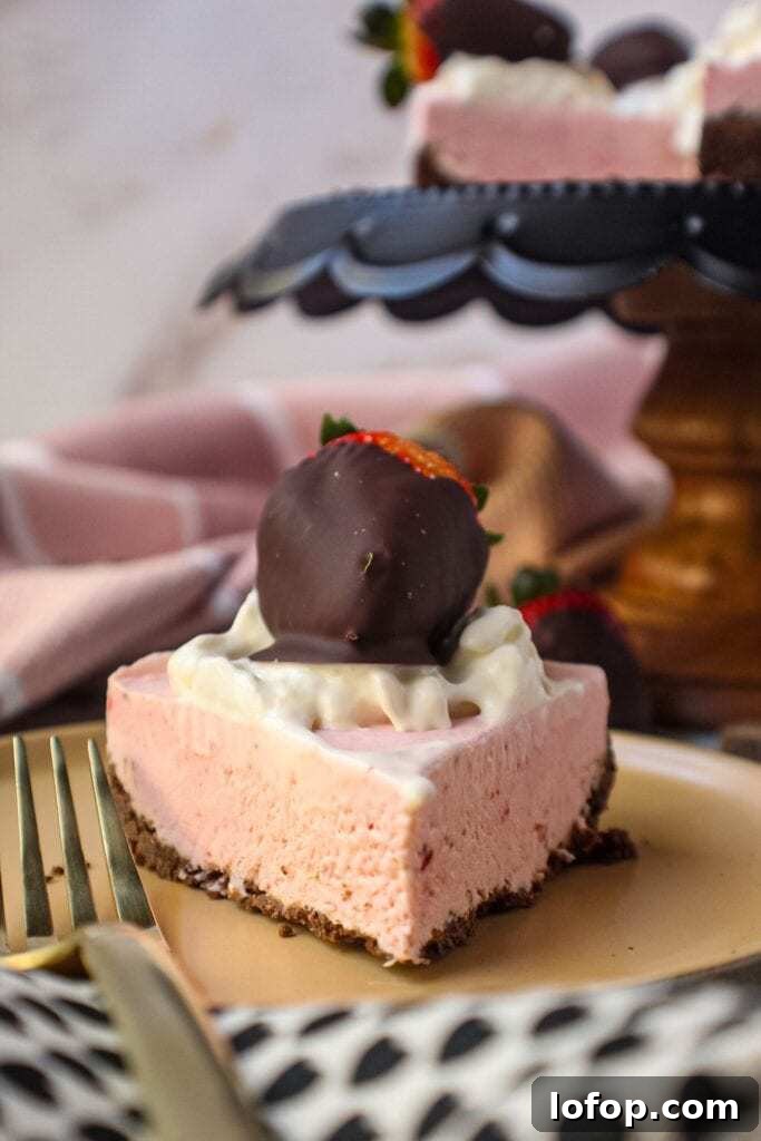 No-Bake Chocolate Strawberry Cheesecake Recipe for Summer 5 chocolate strawberry no-bake cheesecake on cake stand topped with whipped cream and strawberries