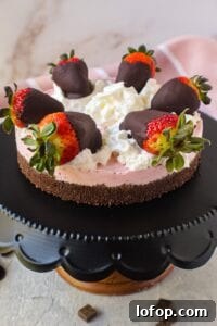 No-Bake Chocolate Strawberry Cheesecake Recipe for Summer 7 chocolate strawberry no-bake cheesecake on cake stand topped with whipped cream and strawberries