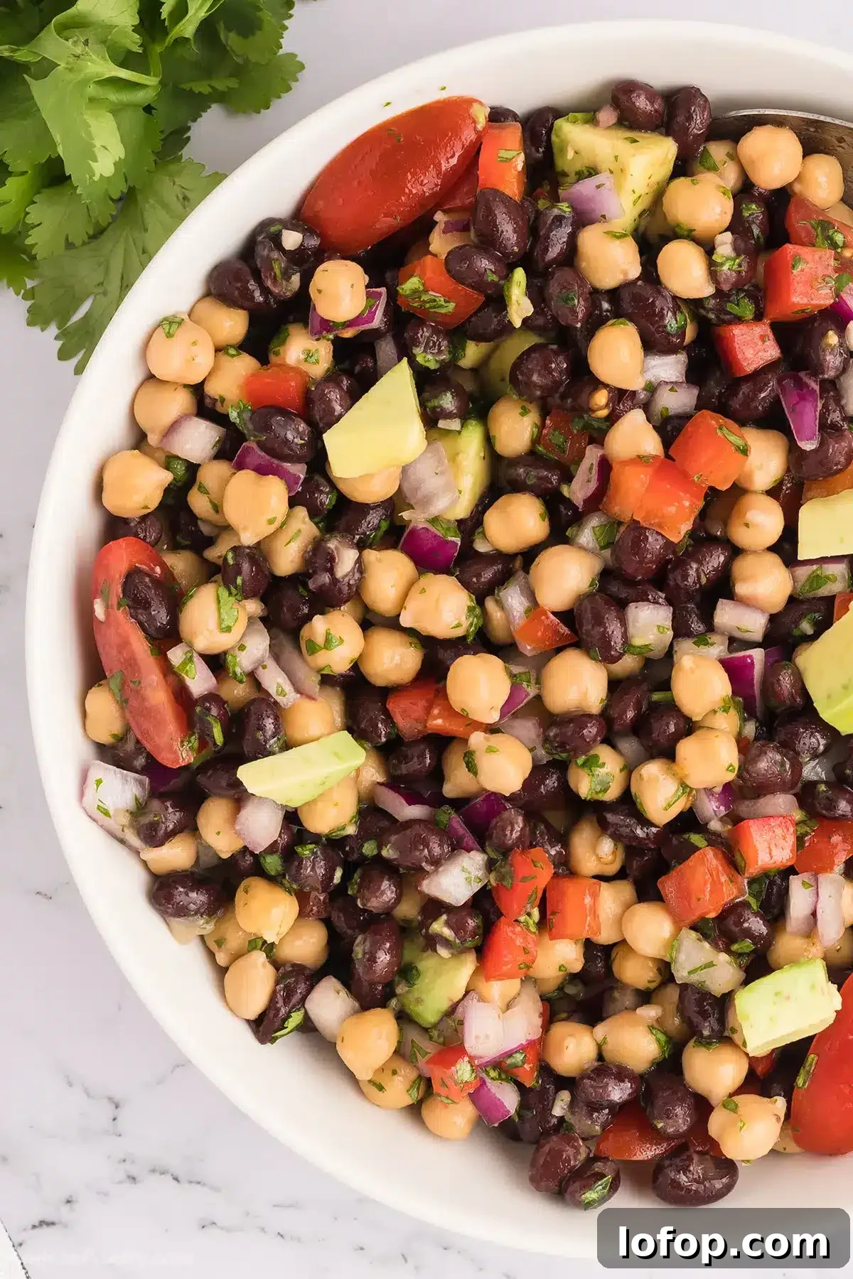 An overhead view of a white bowl of black bean salad.