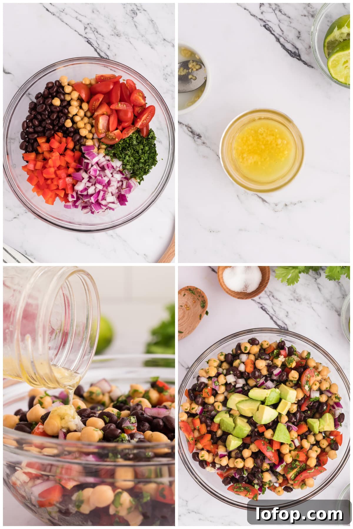 A collage of four images showing how to make black bean salad.