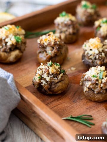 Close up of a mushroom stuffed with sausage and cheese.