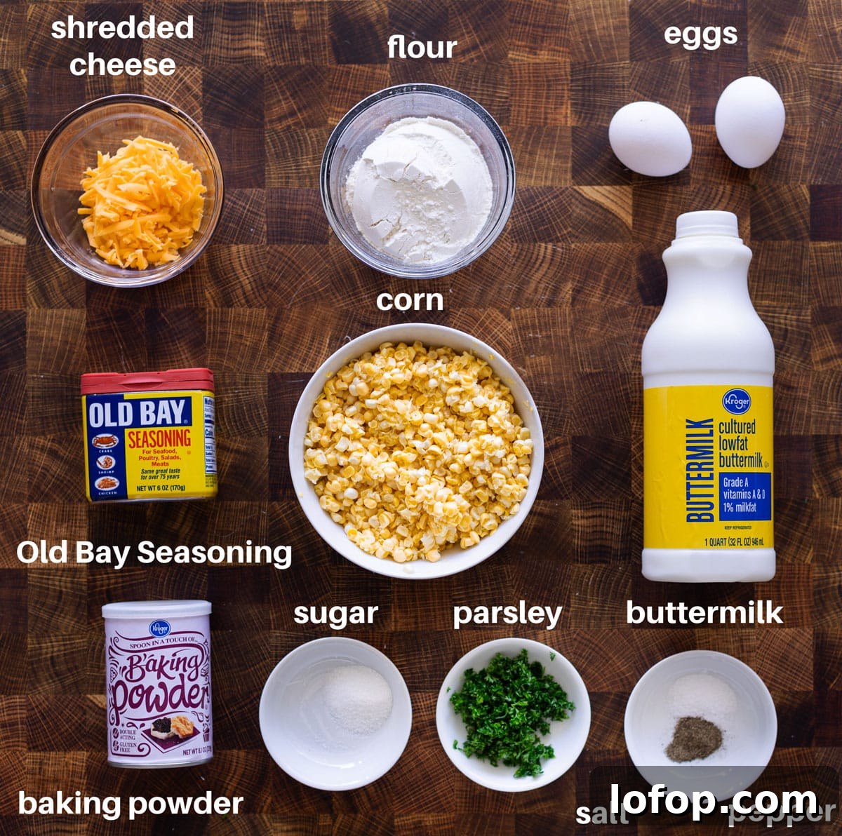 Ingredients on a counter to make homemade corn fritters. 