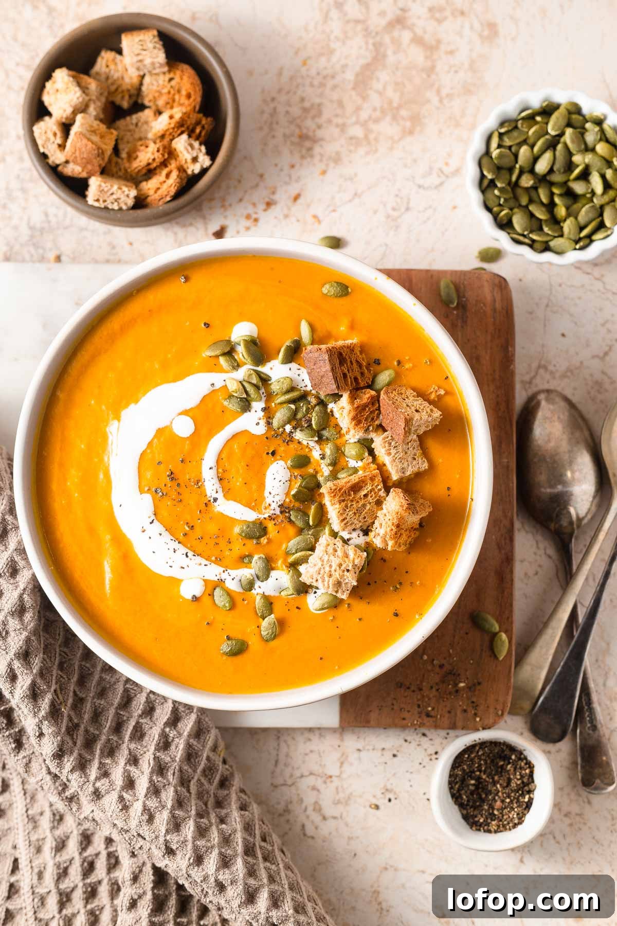 keto pumpkin soup with croutons, pepitas