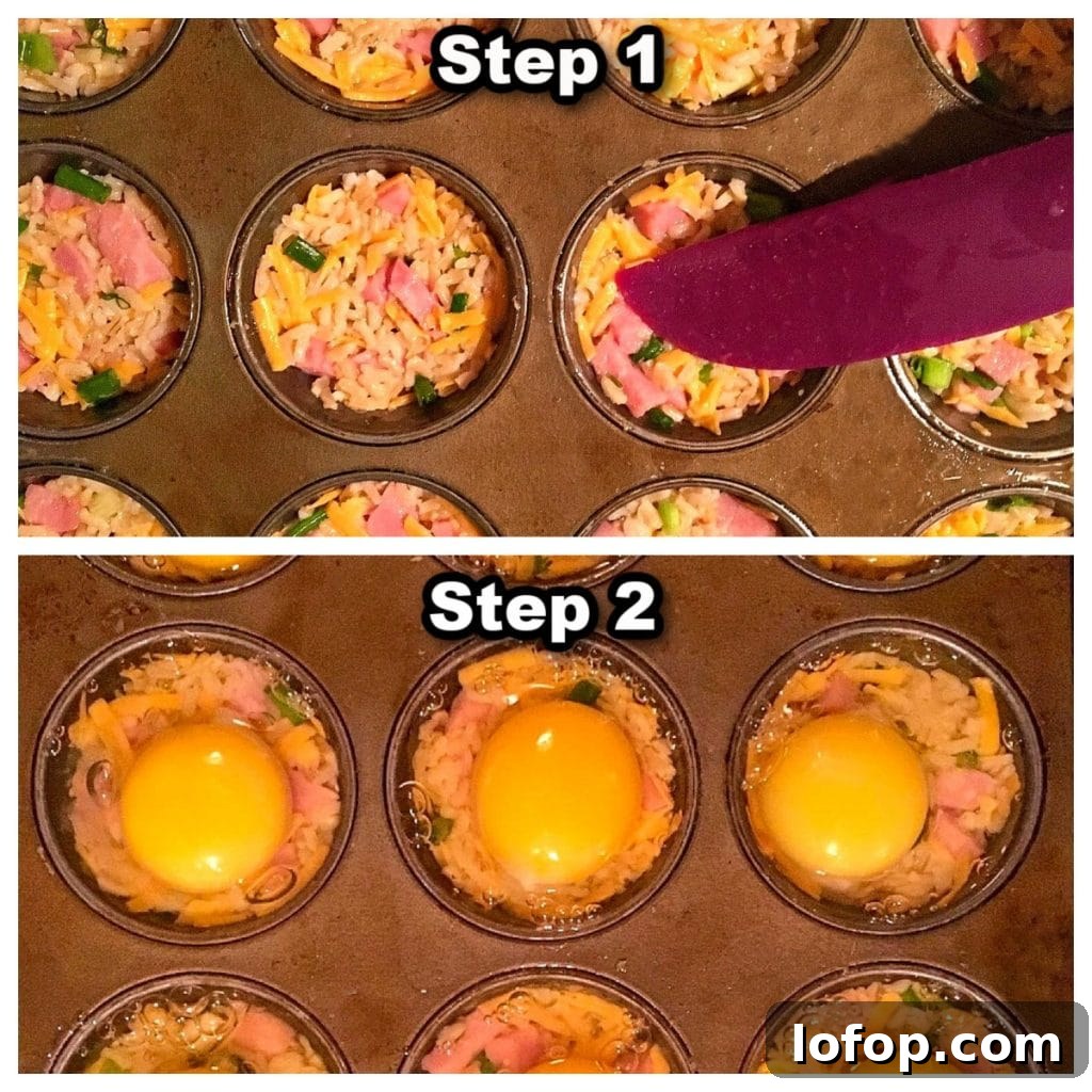 Ham and Rice Muffin-Tin Eggs Benedict with Cranberry Hollandaise 4 collage of 2 photos showing how to make muffin tin eggs benedict