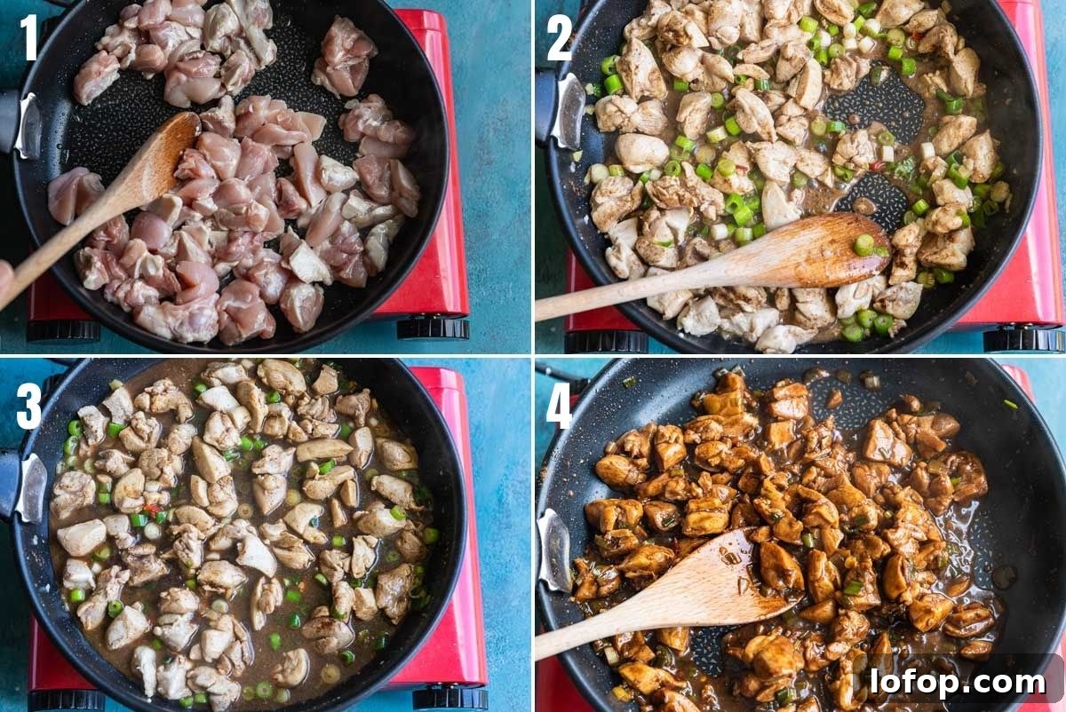 15-Minute Shanghai-Style Chicken Stir-Fry Recipe 4 collage of 4 images showing how to stir-fry the chicken to make Shanghai chicken
